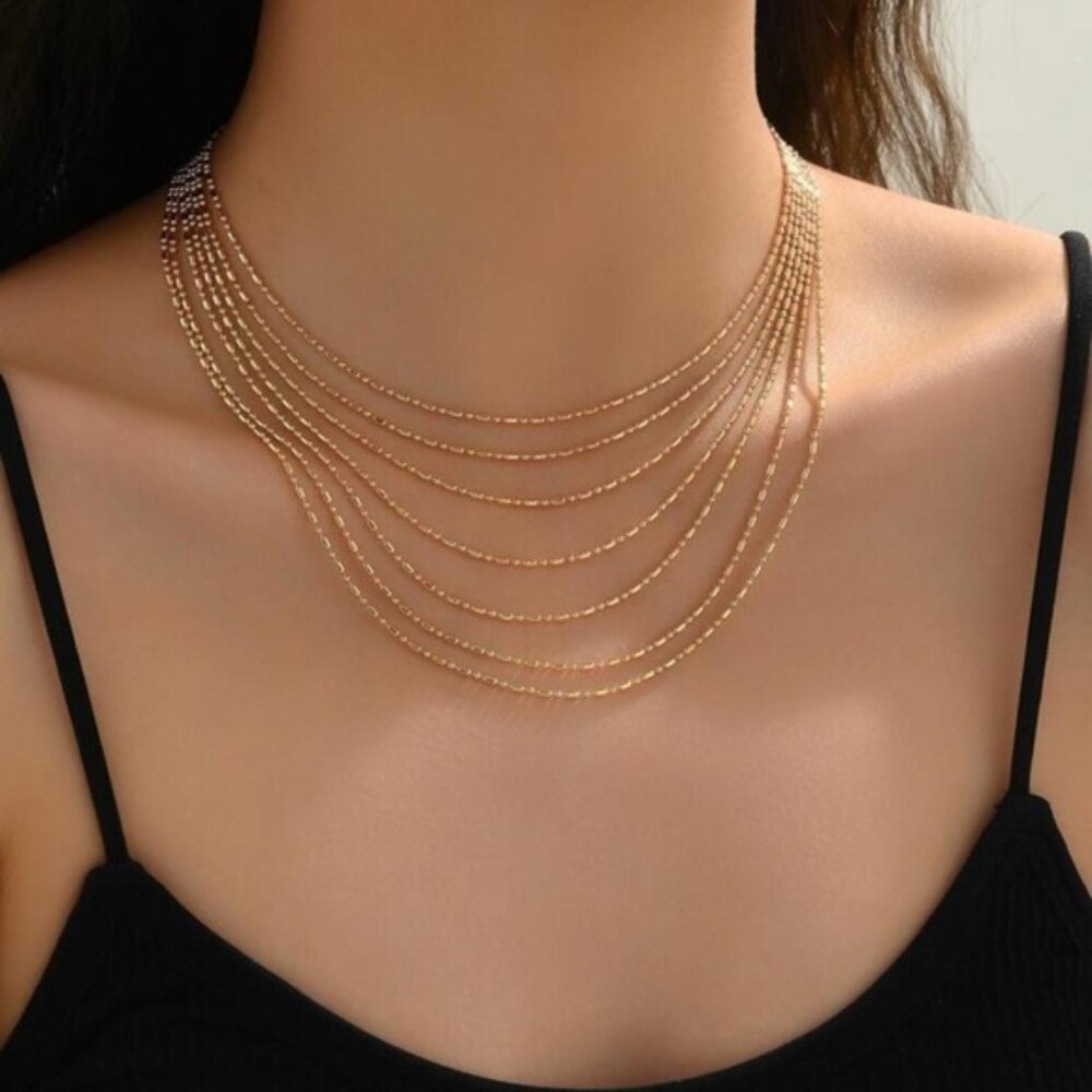 Gold 1pc Multi-Layer Textured Chain Choker Necklace